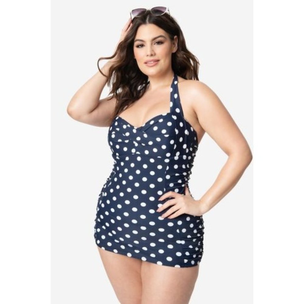 NWT Unique Vintage Navy & White Polka Dot Corinne Swimsuit 14